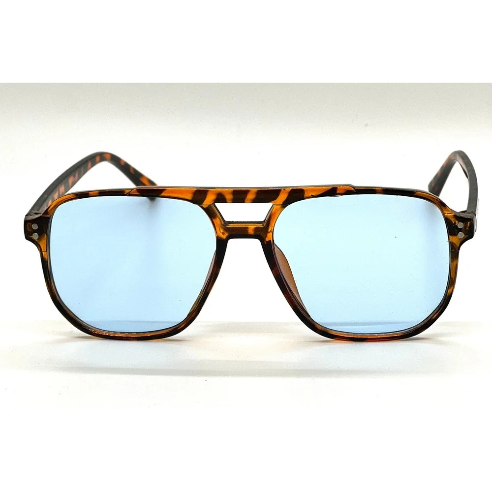 Mens Tortoiseshell Square Sunglasses Light Blue Tint Lens Retro Navigator Classy